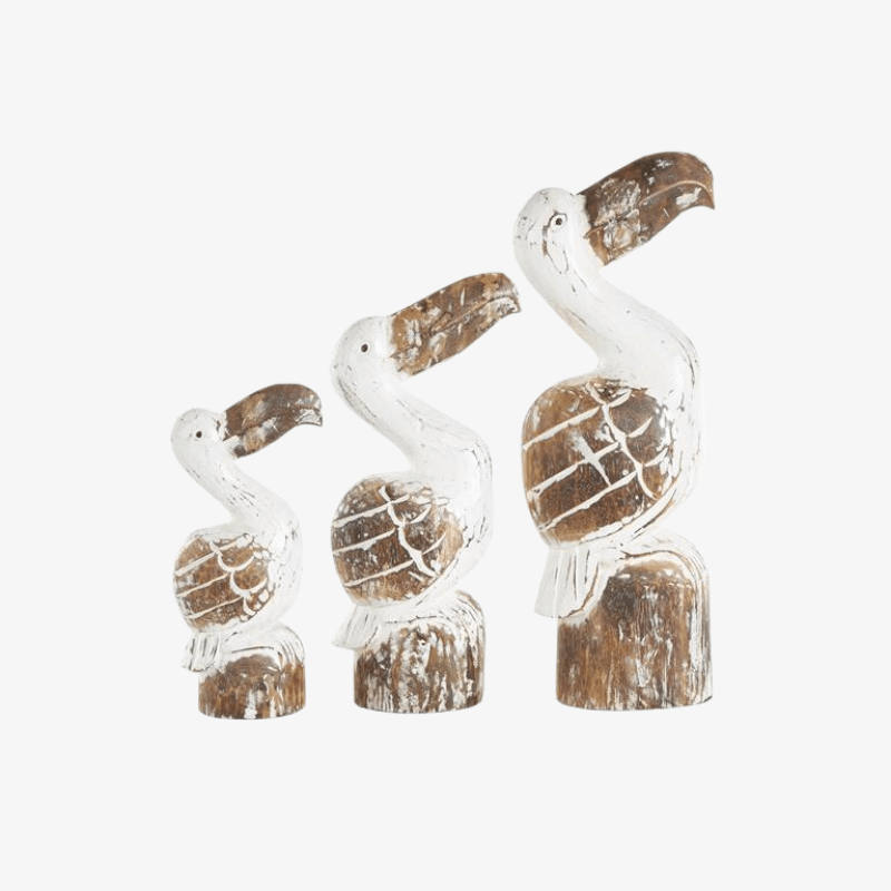 ESCULTURA-ENVEJECIDA-HECHA-MANO-PELÍCANO-MADERA-BLANCA-DETALLES-MARRONES