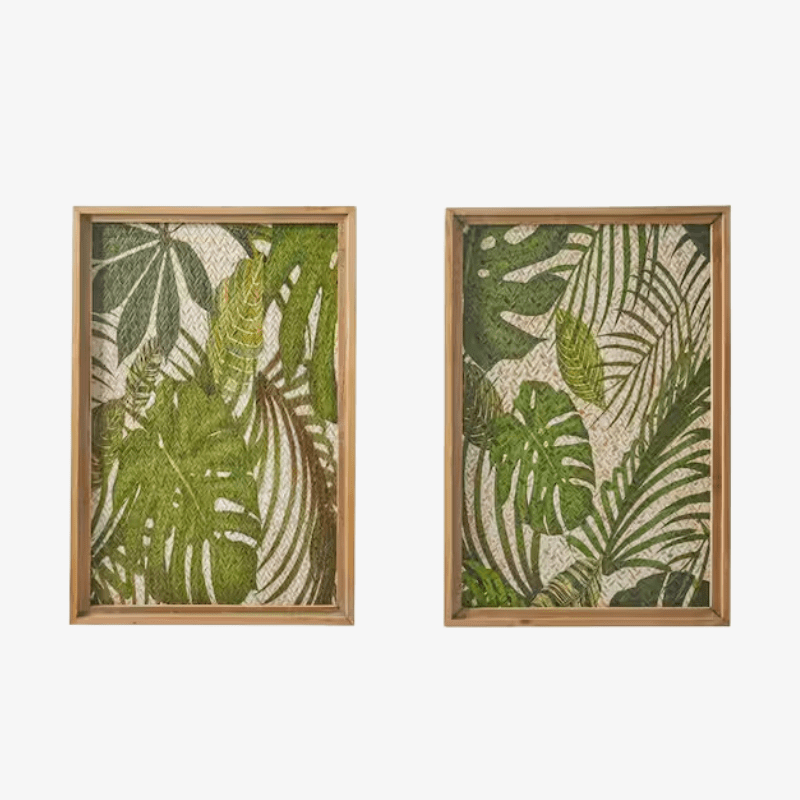 Decoración-pared-hojas-tropicales-madera-verde-marco-marrón