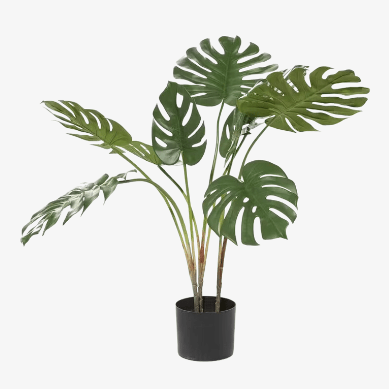 Planta-artificial-Monstera-follaje-sintético-verde-hojas-realistas-maceta-plástico-negro