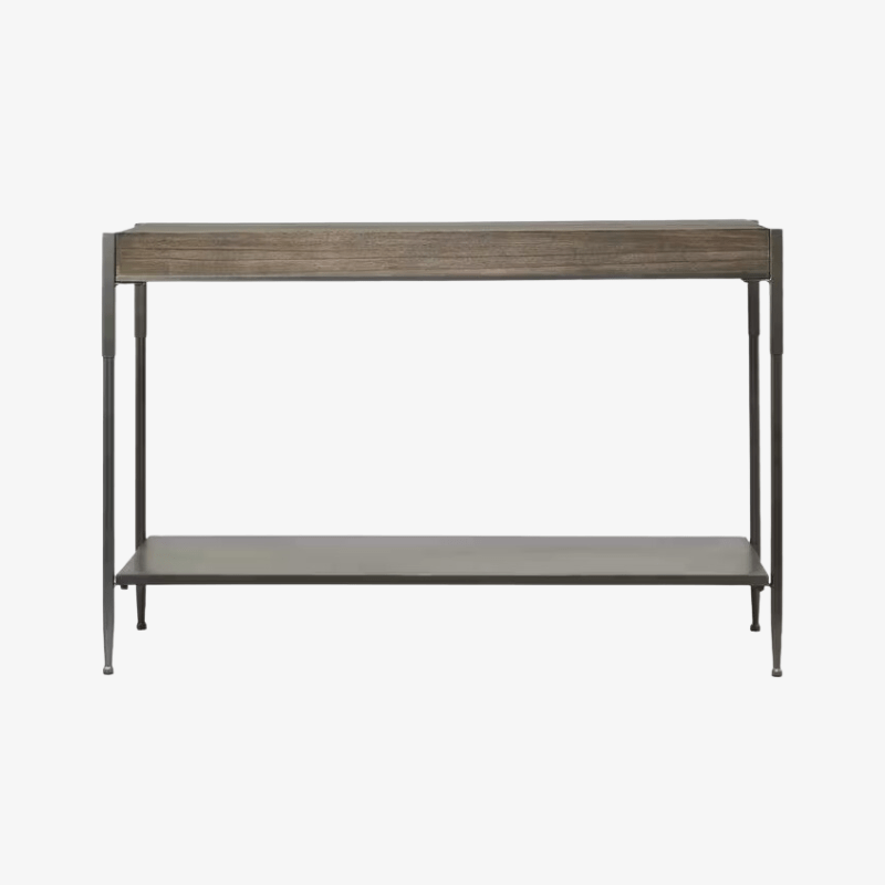 Mesa-consola-metal-gris-estante-tapa-madera-marrón